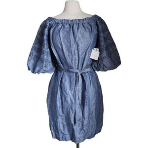 Laundry Shelli Segal Chambray Linen Dress 12 Off Shoulder Puff Sleeves NWT